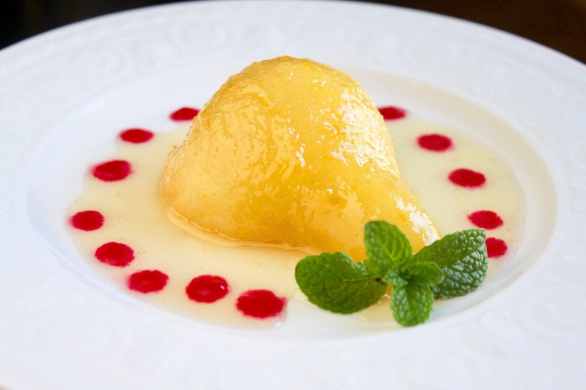 Poached Pears in Red or White Wine close up look.