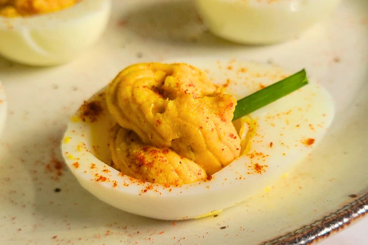 Pumpkin Deviled Eggs close up look.