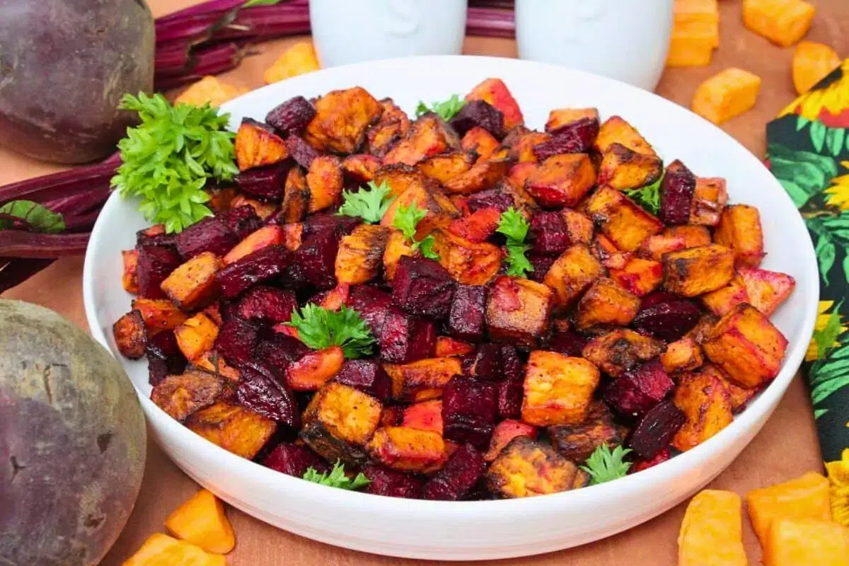 Roasted Air Fryer Beets and Sweet Potatoes in a bowl.