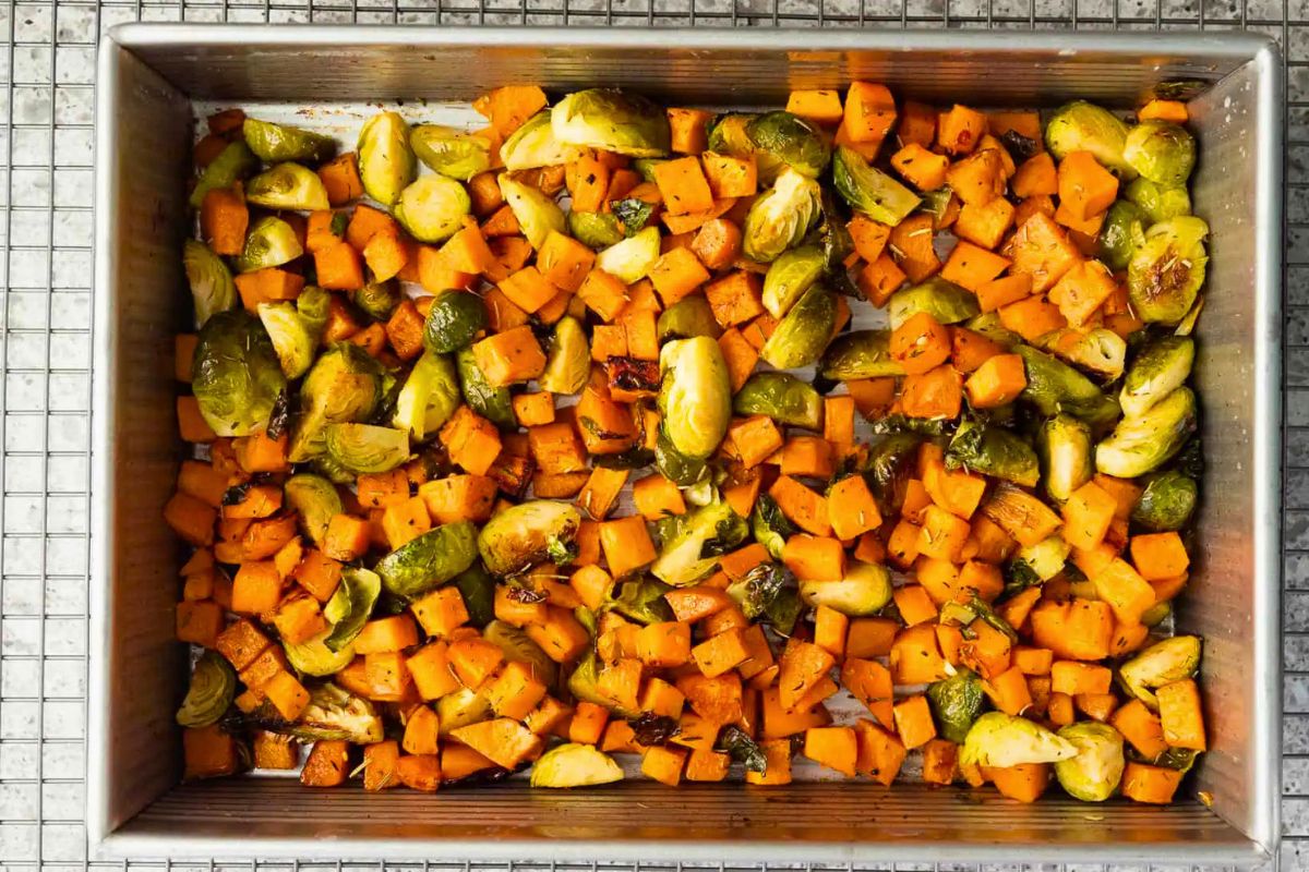 Roasted Brussels Sprouts and Sweet Potatoes overhead view.