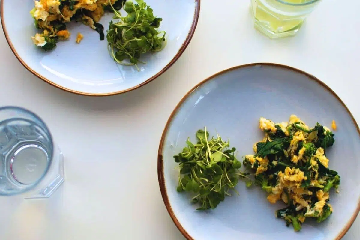 Scrambled Eggs with Broccoli and Spinach on a plate.