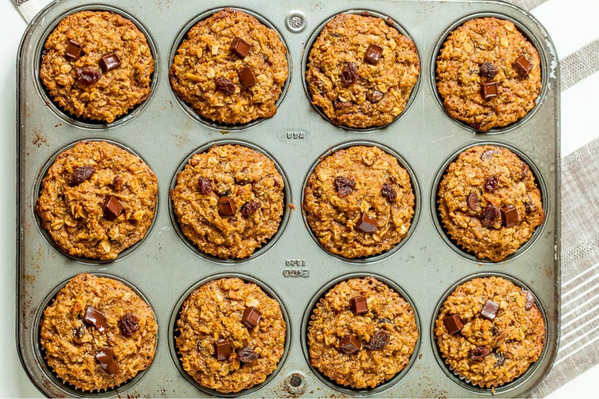 Superhero Apple Zucchini Carrot Muffins overhead view.