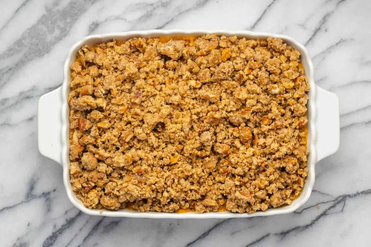 Sweet Potato Casserole with Pecan Topping overhead view.