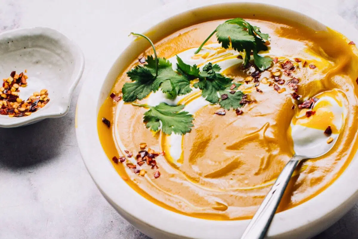 Sweet Potato Curry Chickpea Soup in a bowl.