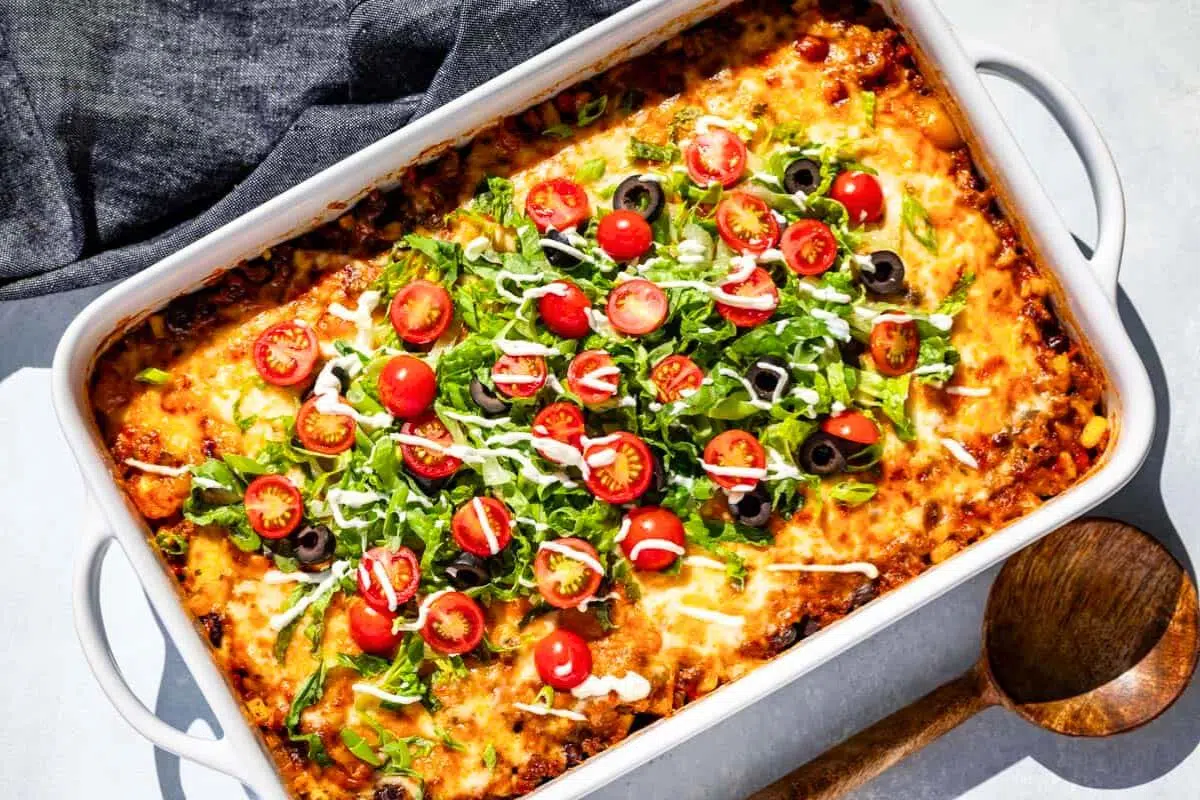 Taco Casserole in a baking dish.