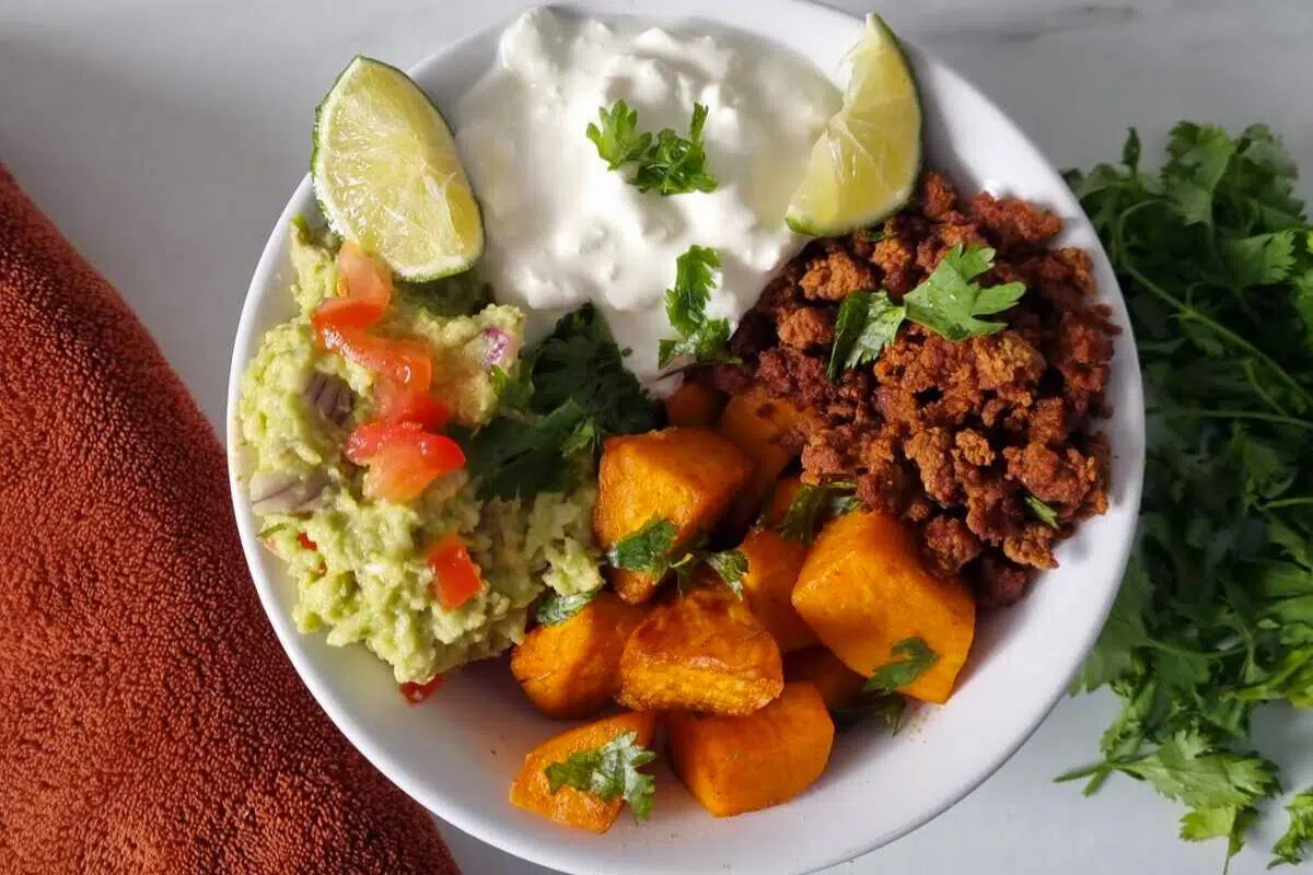 Viral Cottage Cheese Sweet Potato Beef Bowl overhead view.