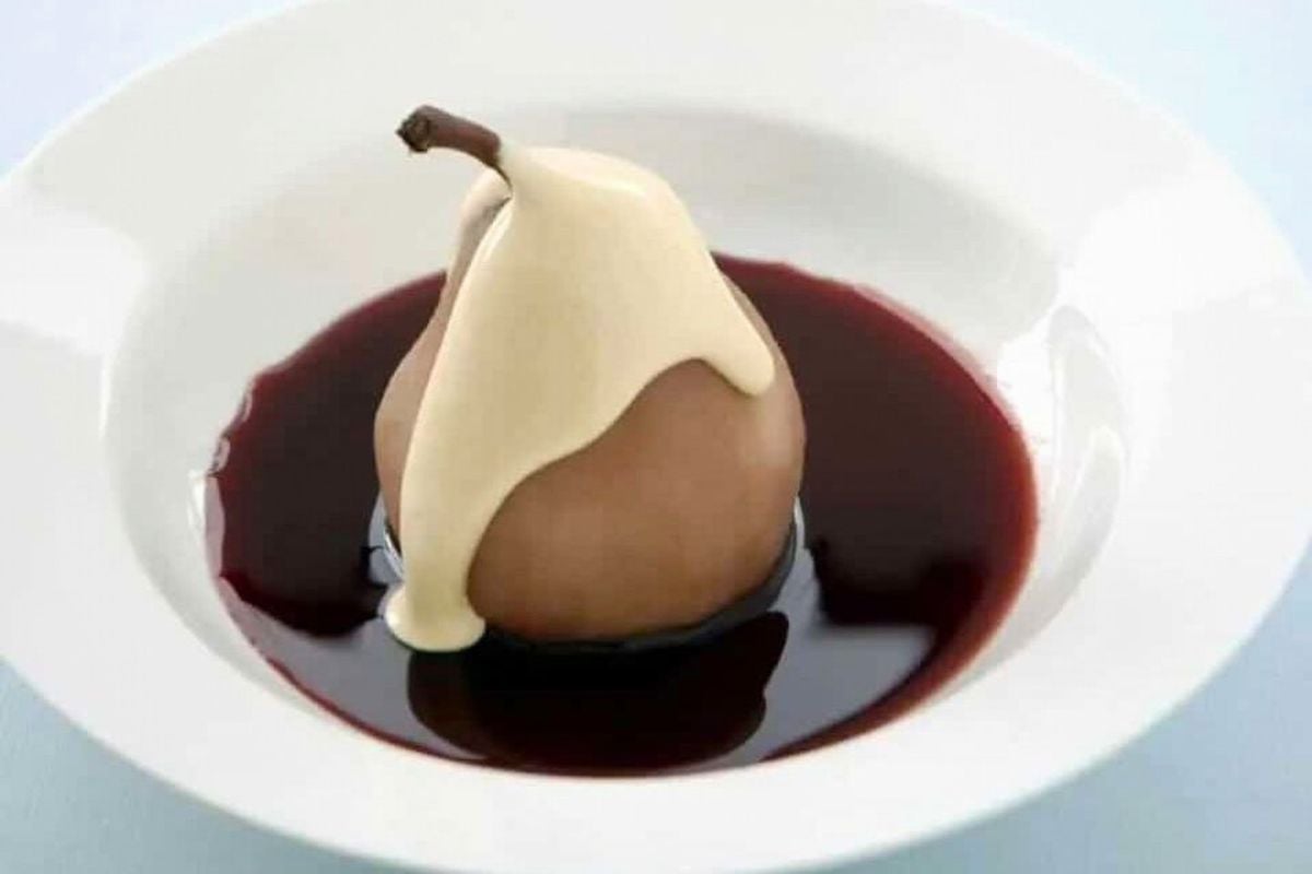 Wine Poached Pears with Marsala Sabayon close up look.