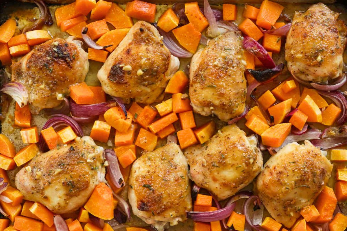 Chicken and Butternut Squash Sheet Pan Dinner close up look.