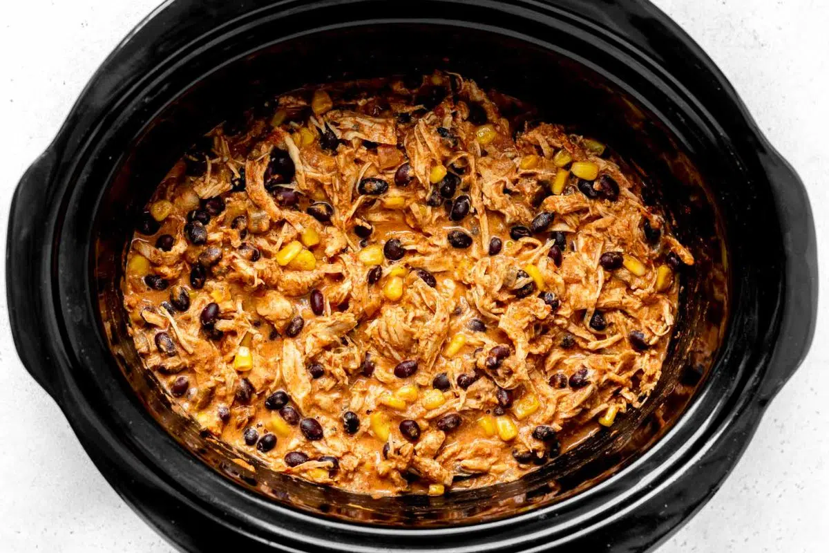 Crockpot Salsa Chicken with Cream Cheese overhead view.