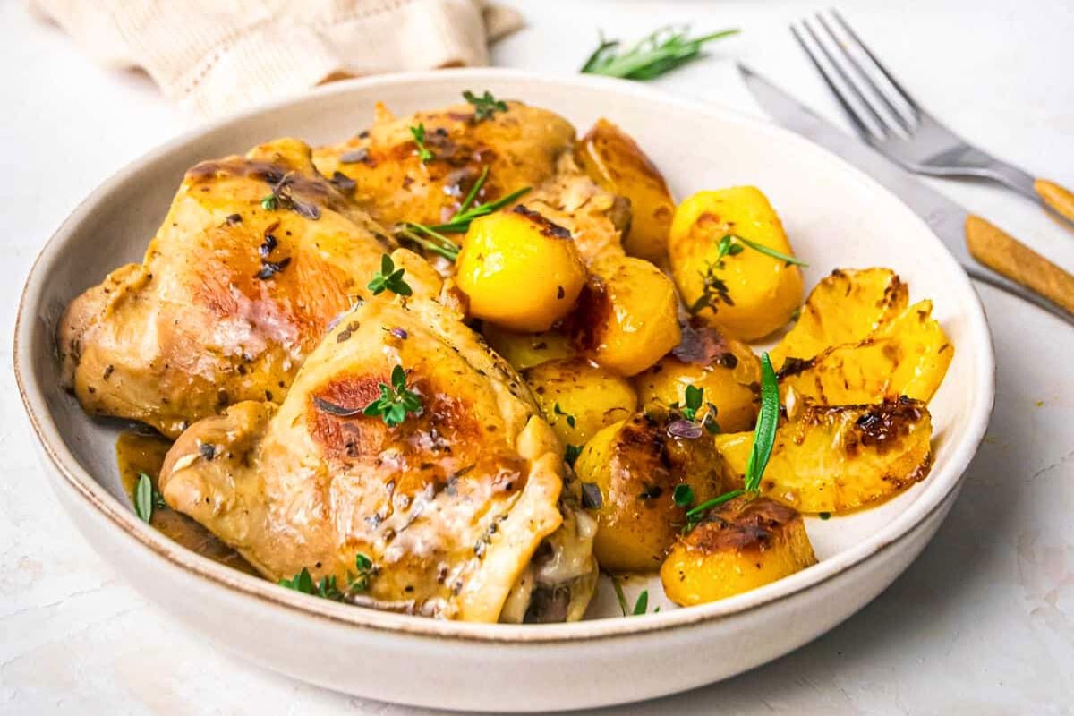Greek Lemon Chicken Thighs in a bowl.