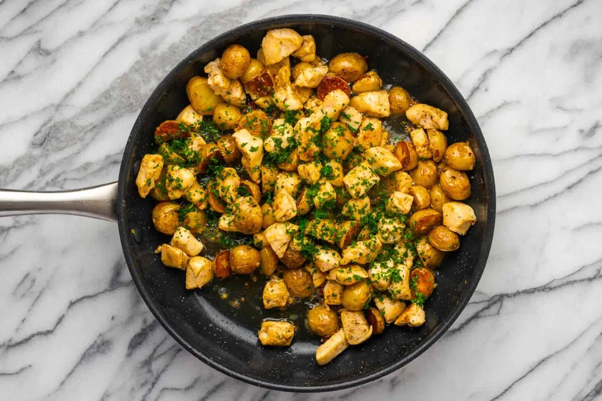 Garlic Butter Chicken and Potato Skillet overhead view.