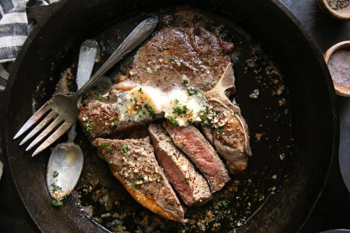 Butter Basted Pan-Seared Steak overhead view.