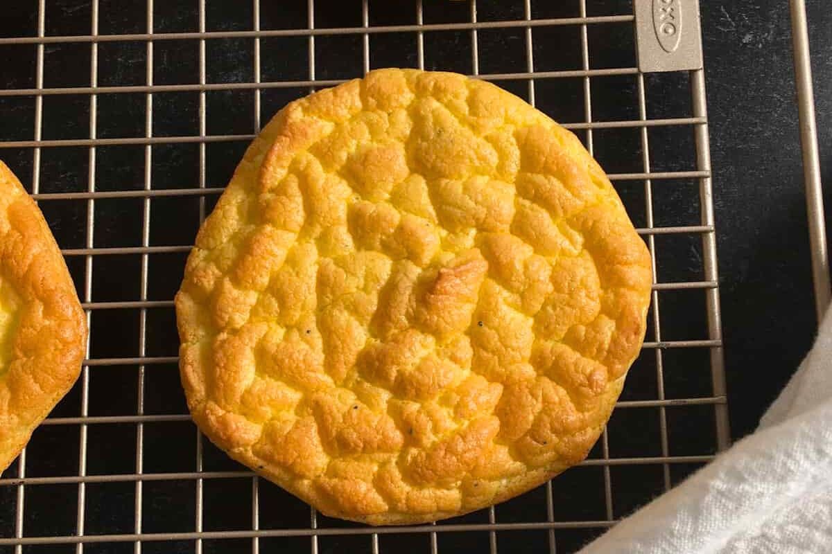 Cloud Bread with Greek Yogurt on a cooling rack.