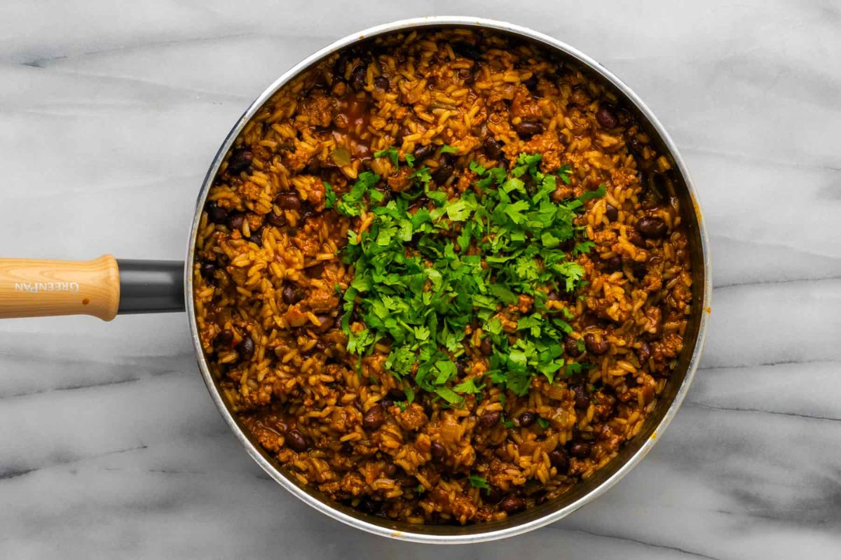 Mexican Beef and Rice Skillet overhead view.