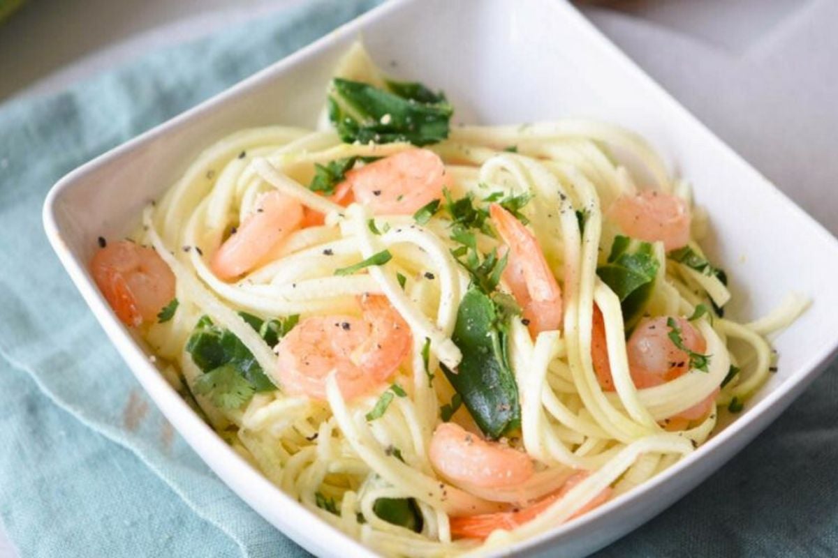 Paleo Shrimp Zoodles in a bowl.