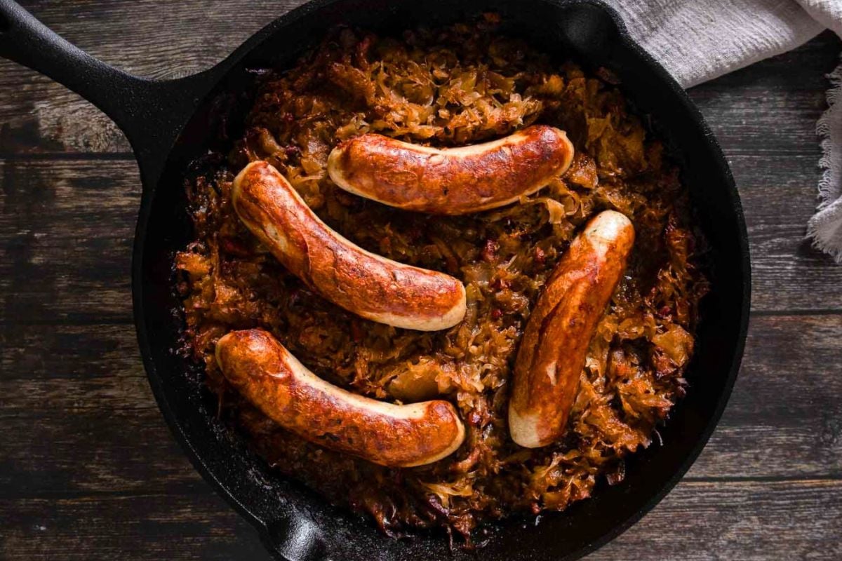 Bratwurst Sausage And Sauerkraut overhead view.