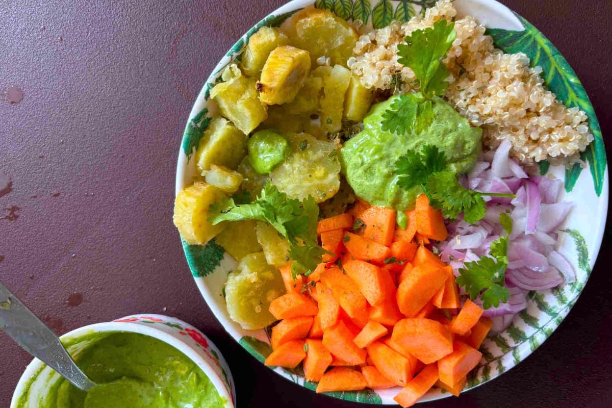 Roasted Sweet Potato and Quinoa Salad overhead view.