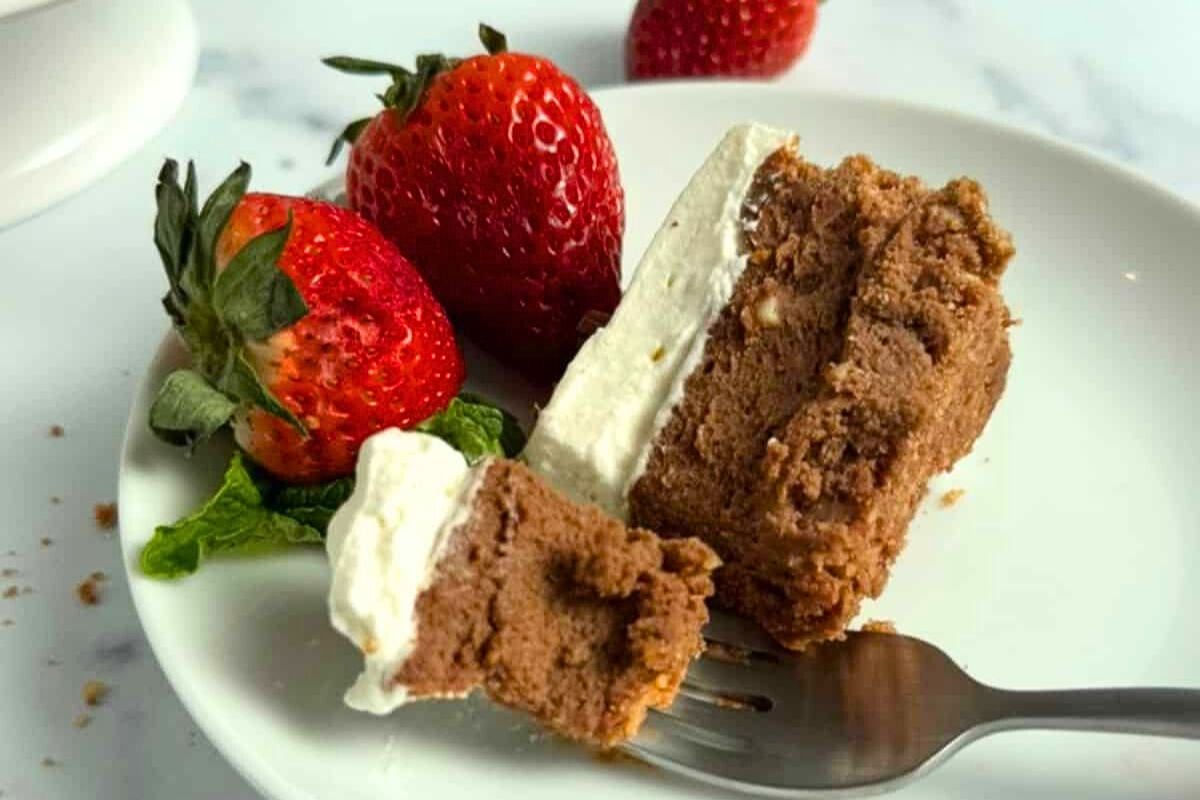 Chocolate Mousse Cheesecake on a plate.