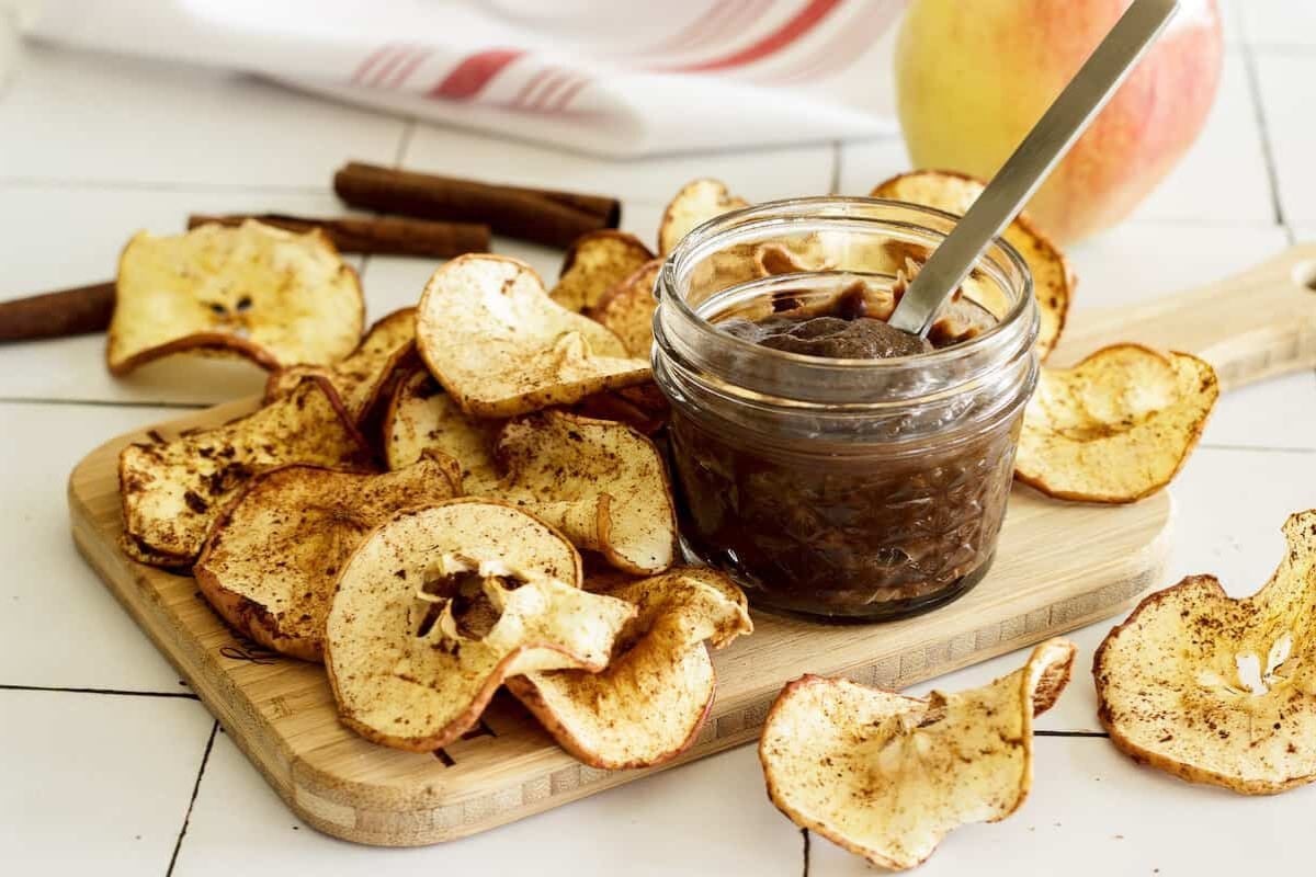 Air Fryer Apple Chips with dipping sauce.