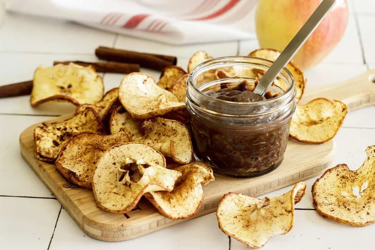 Air Fryer Apple Chips with dipping sauce.