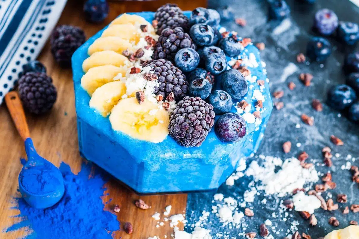 Blue Smoothie Bowl with Spirulina close up look.