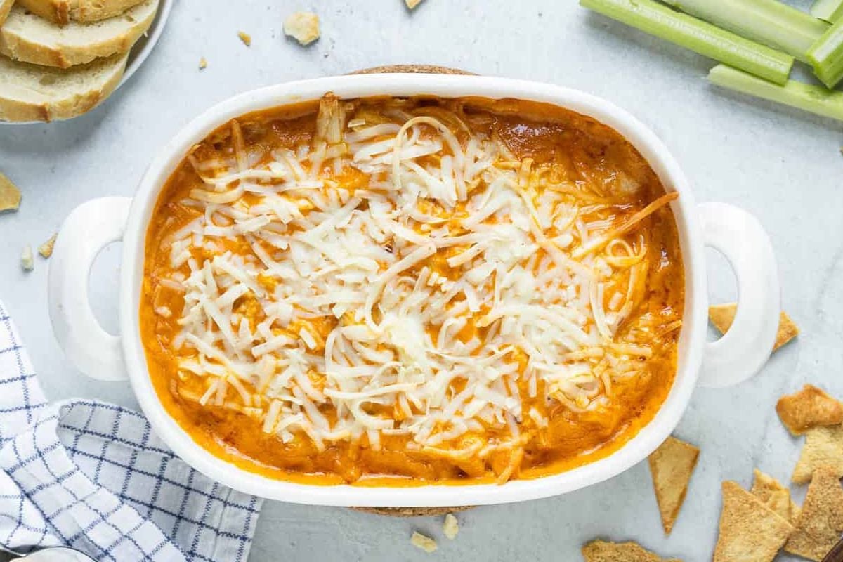 Buffalo Chicken Dip in a dish.