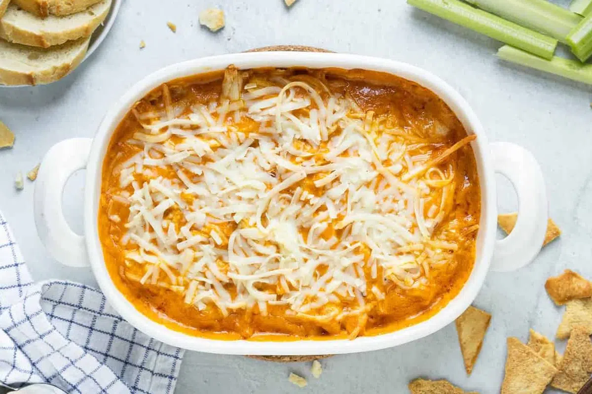 Buffalo Chicken Dip in a dish.