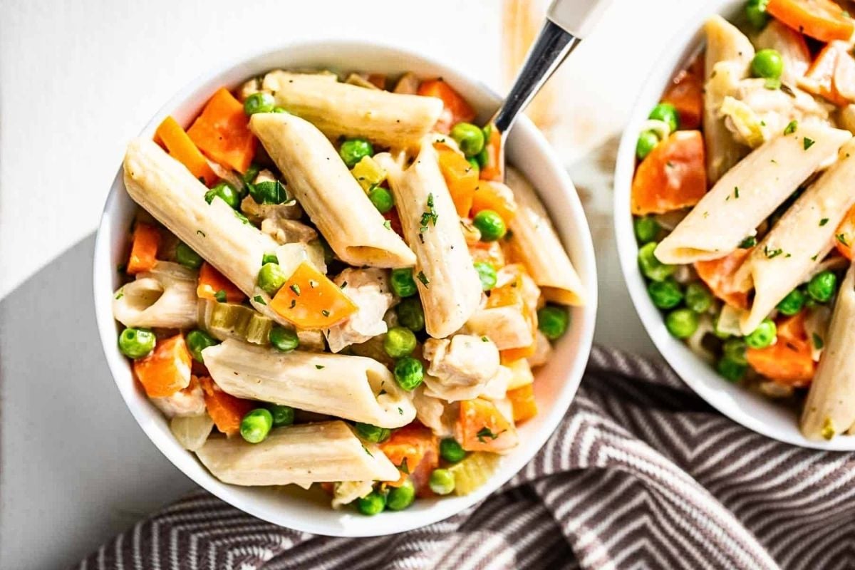 Chicken Pot Pie Pasta in a bowl.