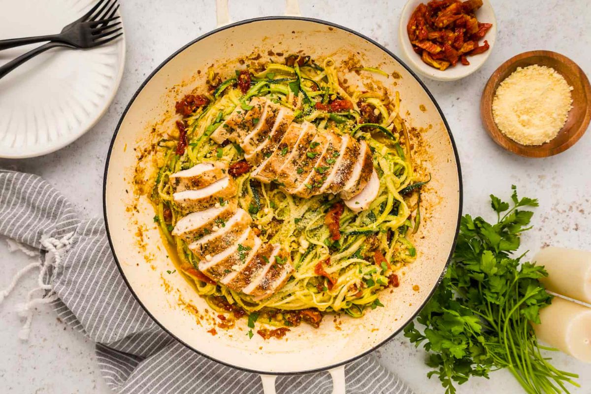 Chicken Zucchini Pasta overhead shot.