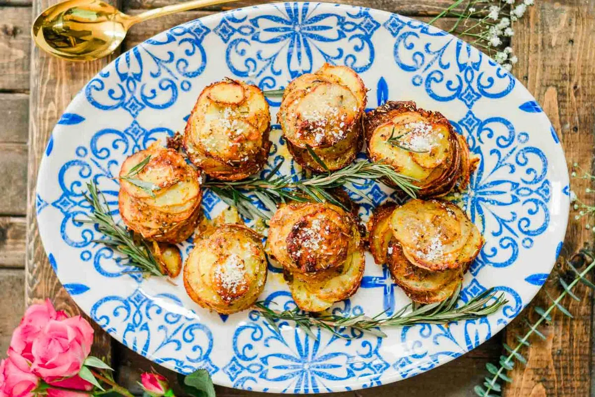 Crispy Chipotle Herbs Muffin Tin Potatoes Stacks overhead shot.
