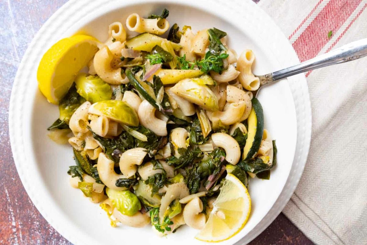 A bowl of Fall Vegetable Pasta in Lemony Butter Sauce.