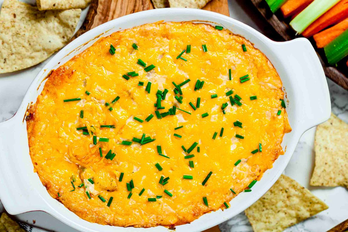 Frank’s Buffalo Chicken Dip in a baking dish.