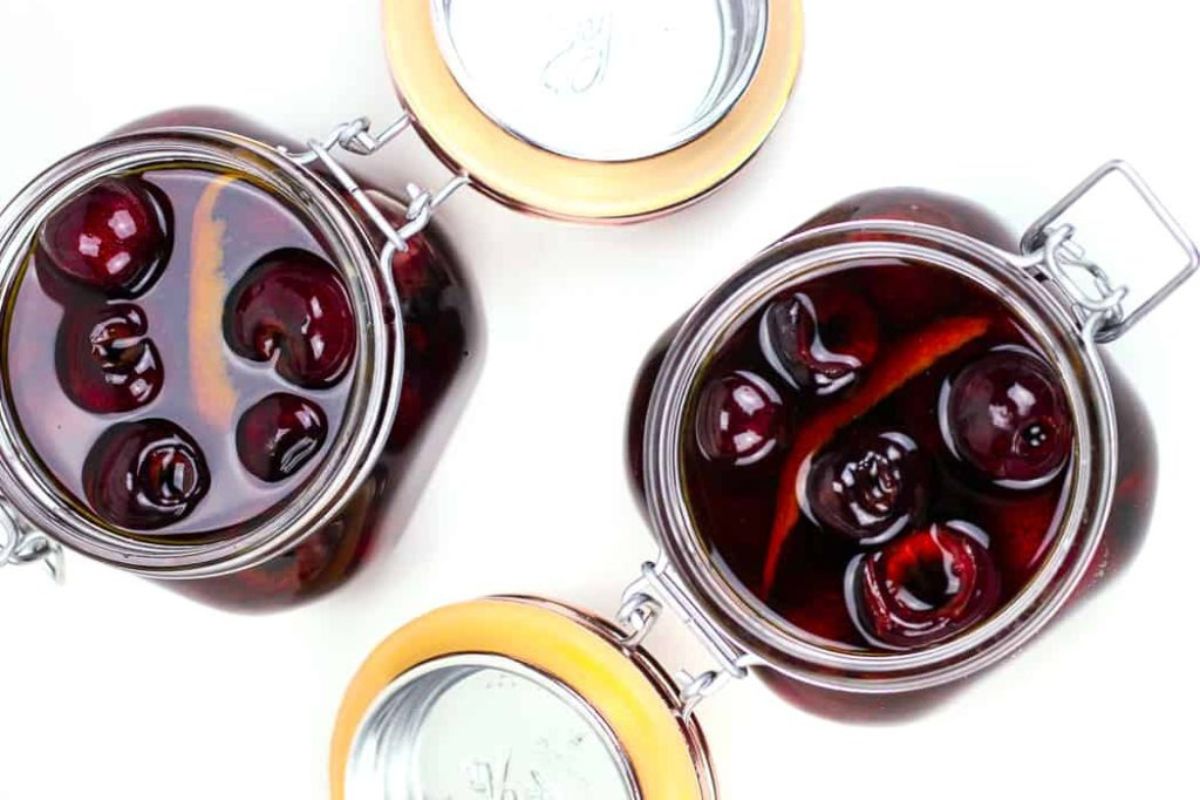 Homemade Cocktail Cherries overhead view.