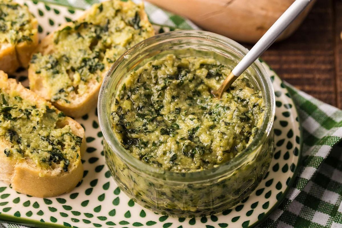 Italian Basil Pesto close up look.