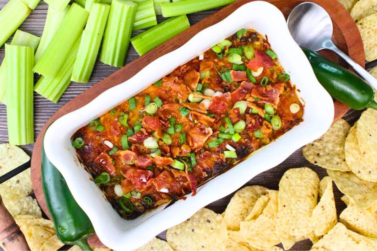 Jalapeno Popper Dip With Bacon in a baking dish.