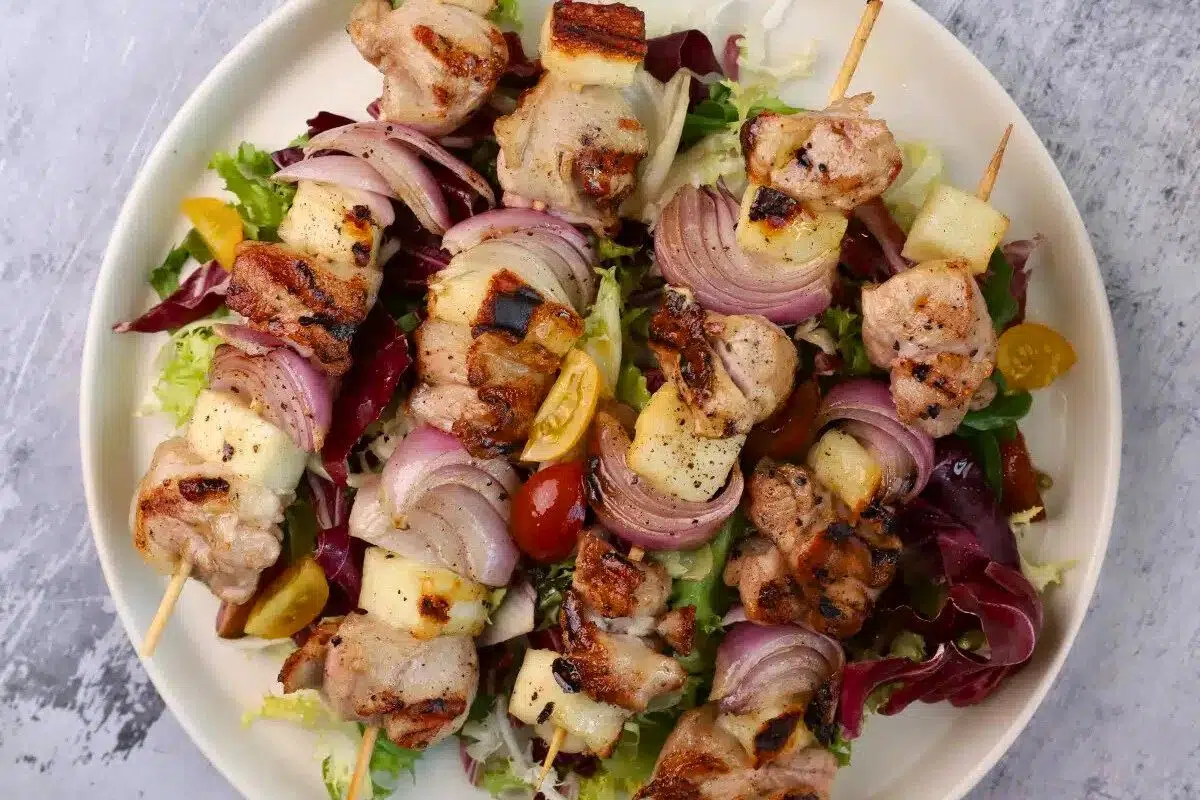 Lamb Souvlaki served on a plate.