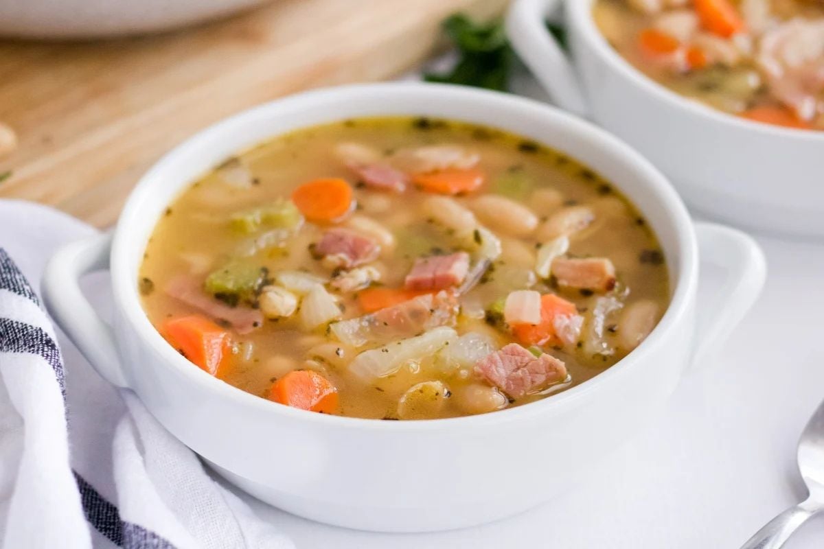 Leftover Ham and Cannellini Bean Soup in a bowl.