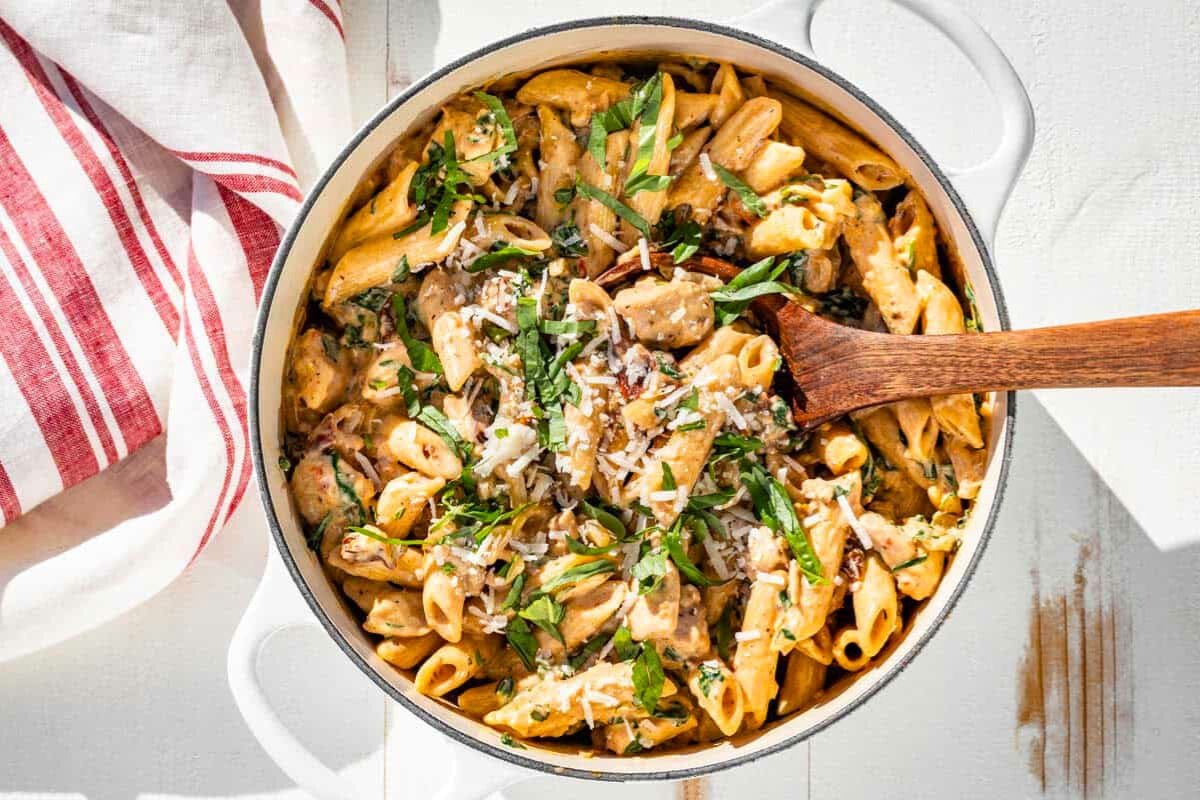 Overhead shot of Marry Me Chicken Pasta.