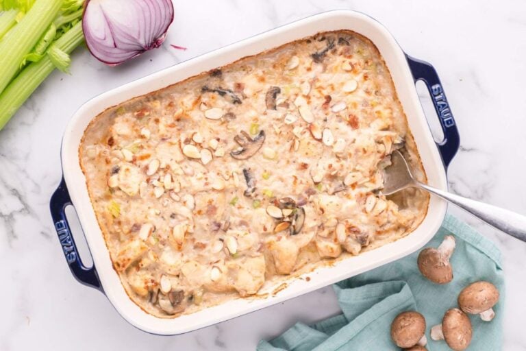 Mushroom Gruyere Chicken and Rice Casserole overhead view.