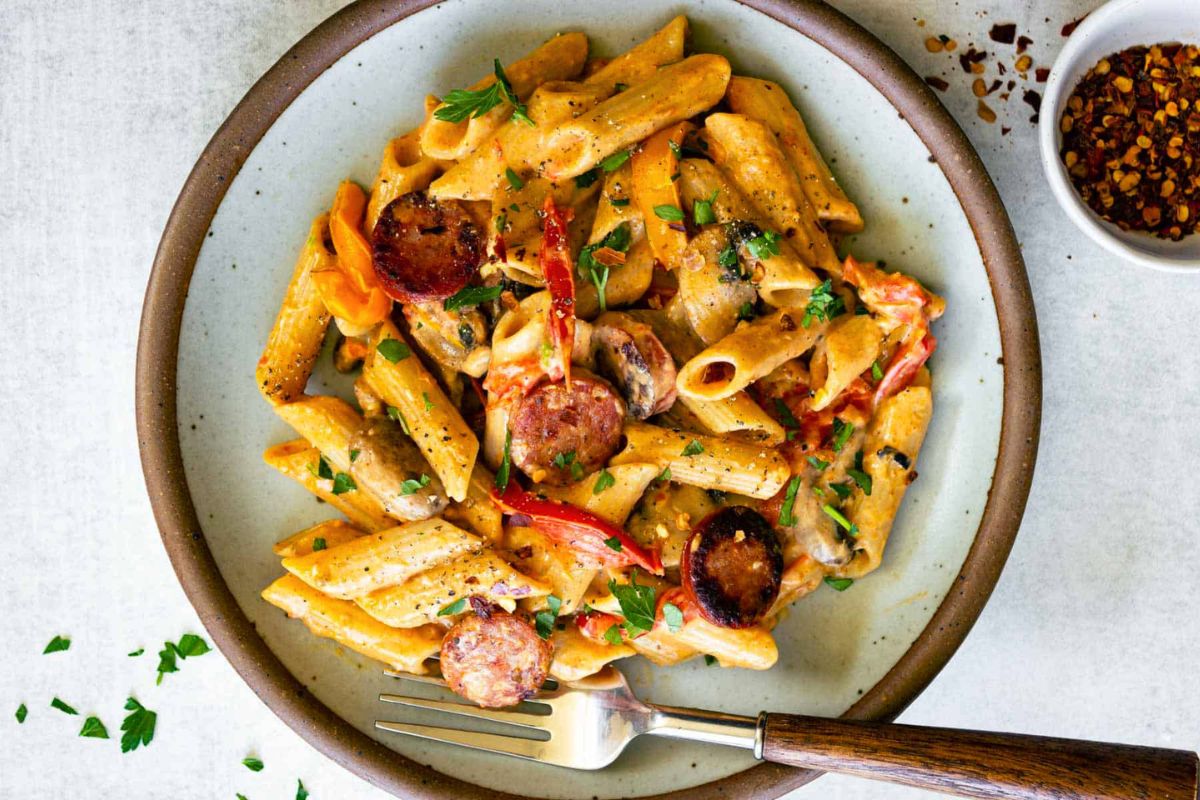 One Pot Creamy Cajun Sausage Pasta overhead shot.