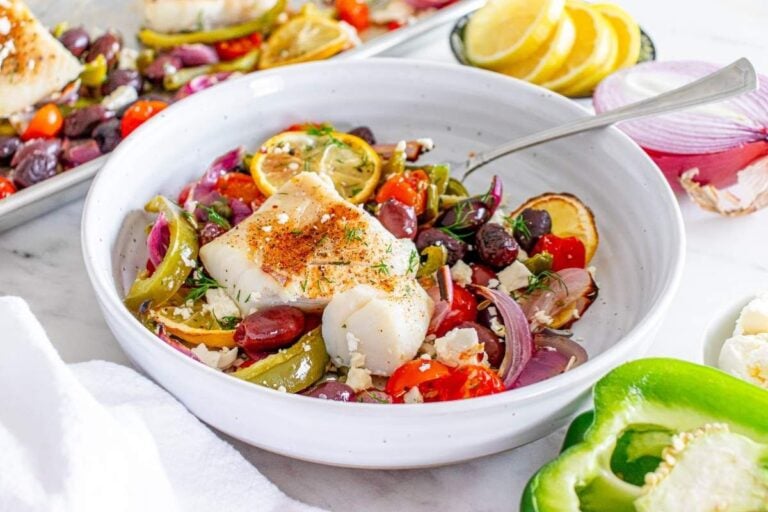 Sheet Pan Mediterranean Cod in a bowl.