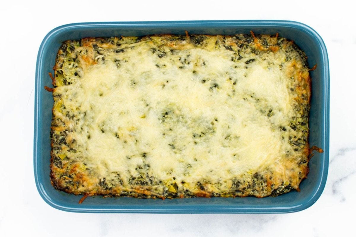 Spinach Artichoke Dip in a baking dish.
