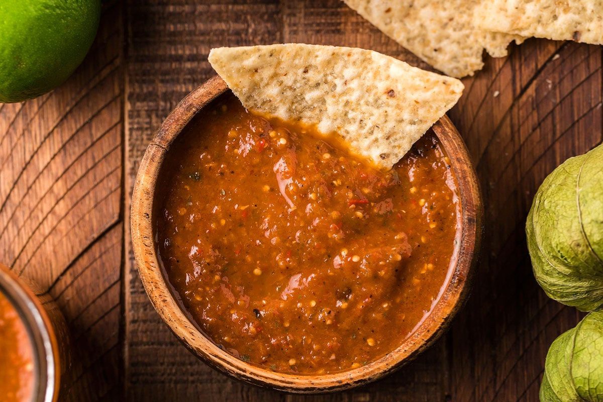Tomatillo Red Chili Salsa in a bowl.