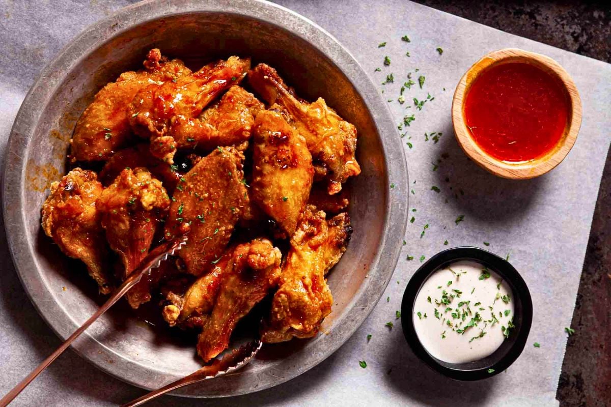 Air Fryer Chicken Wings with dipping sauce.
