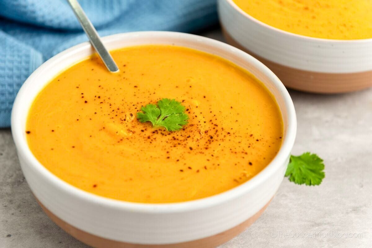 Slow Cooker Butternut Squash Soup served in a bowl.