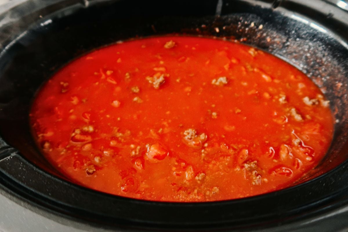 Chili in the Slow Cooker close up look.