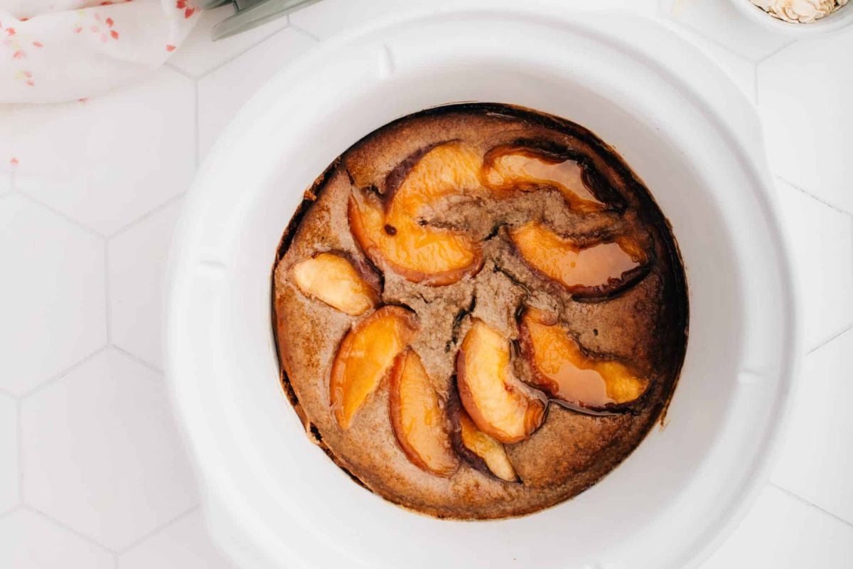Overnight Crockpot Slow Cooker Baked Oats overhead view.