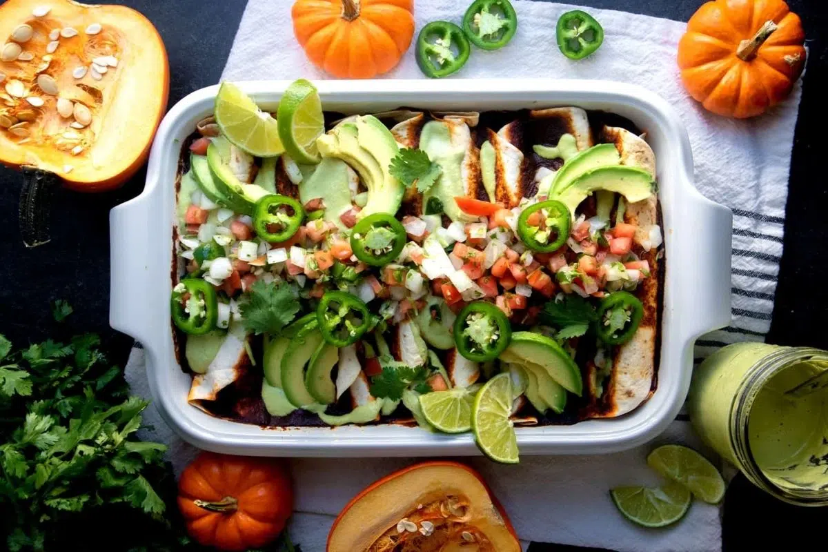 Pumpkin and Black Bean Vegan Enchiladas overhead view.