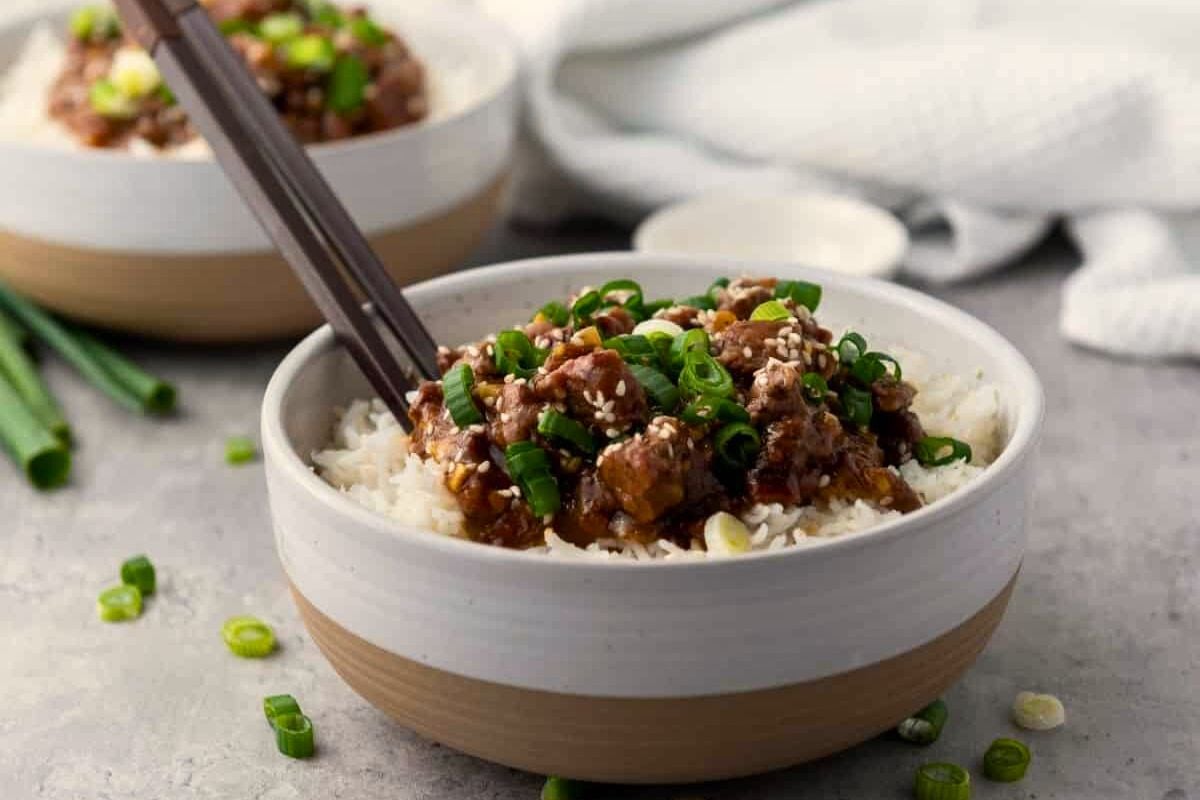 Slow Cooker Mongolian Beef in a bowl.
