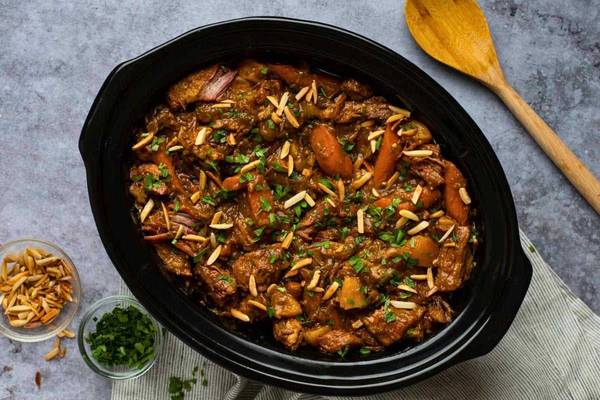 Slow Cooker Lamb Tagine overhead view.